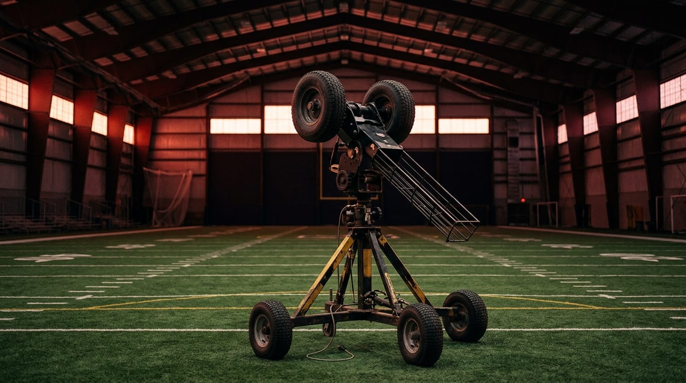 An indoor football practice facility at dusk with a JUGS passing machine on the field